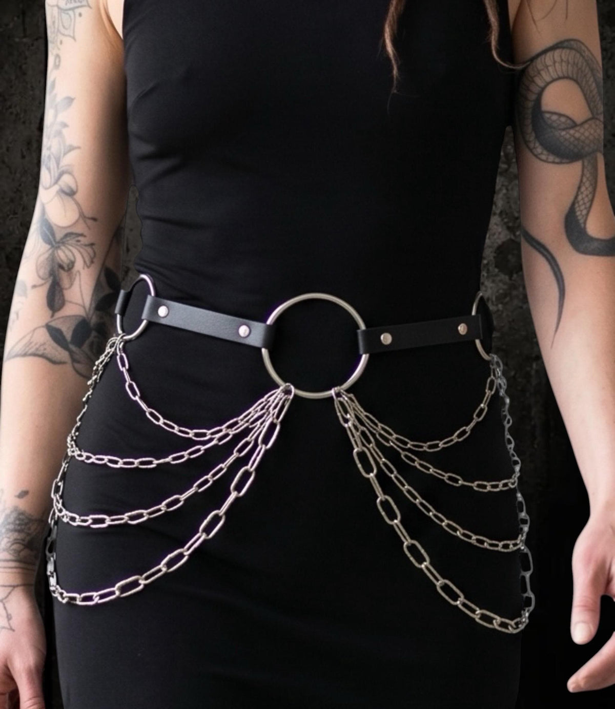 Draped O-Ring Chain Belt: Italian Leather, Stainless Steel, Handmade Statement Accessory