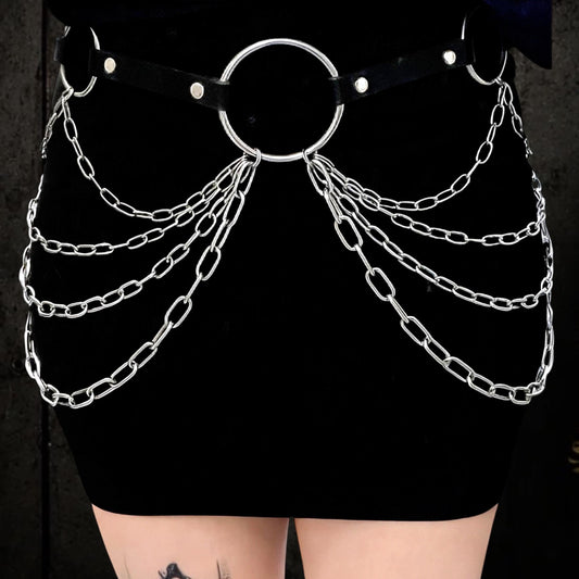 Draped O-Ring Chain Belt: Italian Leather, Stainless Steel, Handmade Statement Accessory