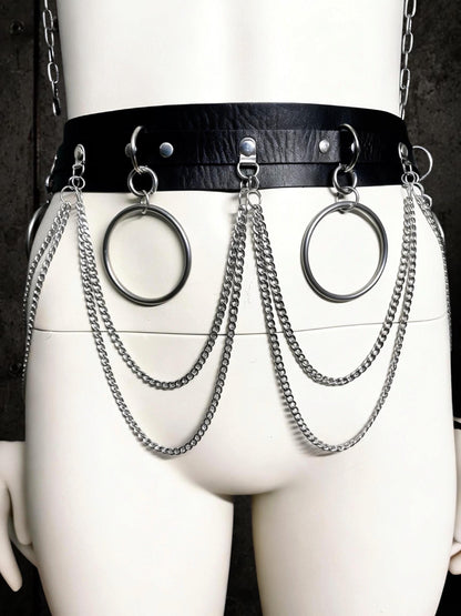 Gothic Chain Belt, Upcycled Faux Leather, Stainless Steel O-Rings