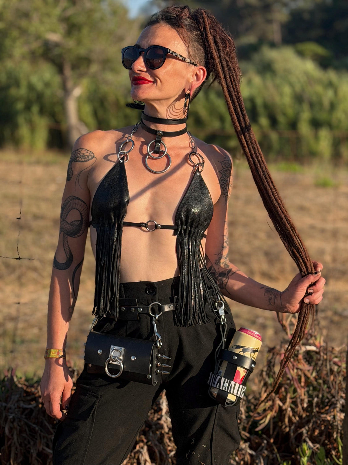 Italienisches Leder-Halsband mit Doppelriemen und O-Ring – Edelstahl-Beschläge