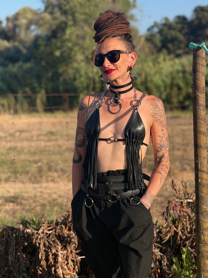 Italienisches Leder-Halsband mit Doppelriemen und O-Ring – Edelstahl-Beschläge