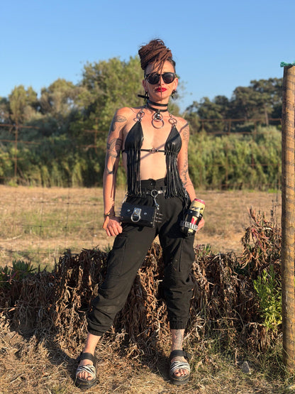 Italienisches Leder-Halsband mit Doppelriemen und O-Ring – Edelstahl-Beschläge