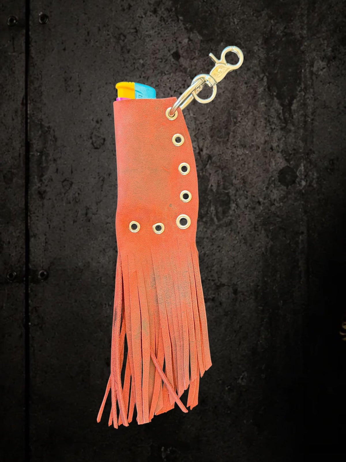Leather Fringe Lighter Holder, Dark Red Lipstick Accessory, Festival Bag Charm