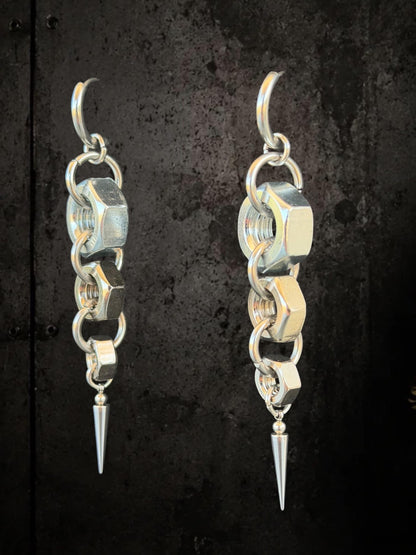 Industrial Hex Nut Earrings, Punk Festival Jewelry, Stainless Steel Chain Spikes