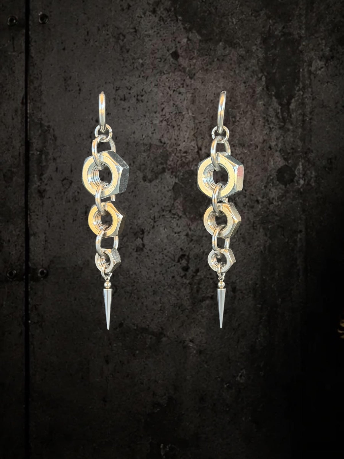 Industrial Hex Nut Earrings, Punk Festival Jewelry, Stainless Steel Chain Spikes