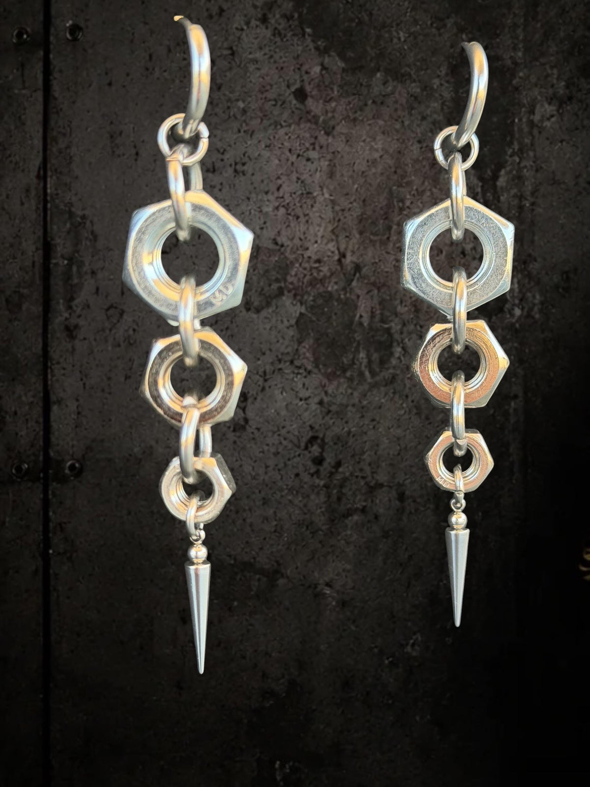 Industrial Hex Nut Earrings, Punk Festival Jewelry, Stainless Steel Chain Spikes
