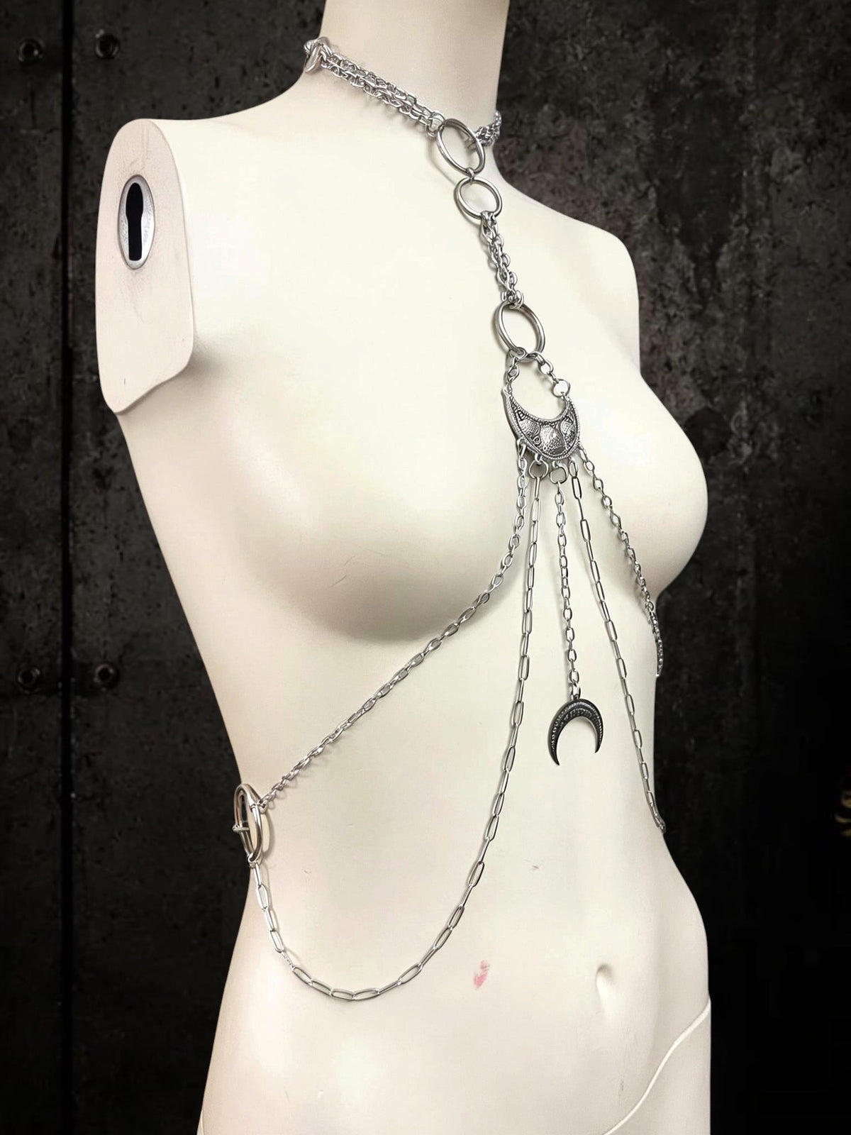 Moon body chain harness, Symbol Jewelry for Gothic Festivals, Alternative Fashion with Layered Metal