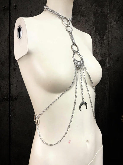 Moon body chain harness, Symbol Jewelry for Gothic Festivals, Alternative Fashion with Layered Metal