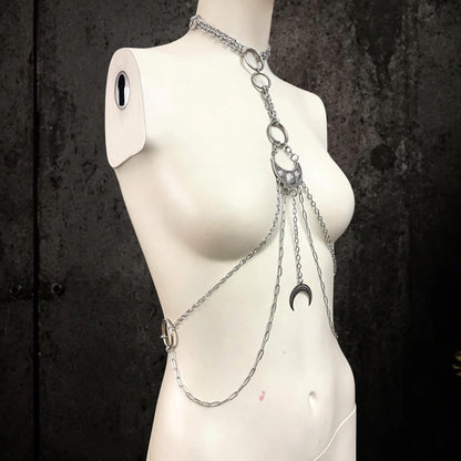 Moon body chain harness, Symbol Jewelry for Gothic Festivals, Alternative Fashion with Layered Metal