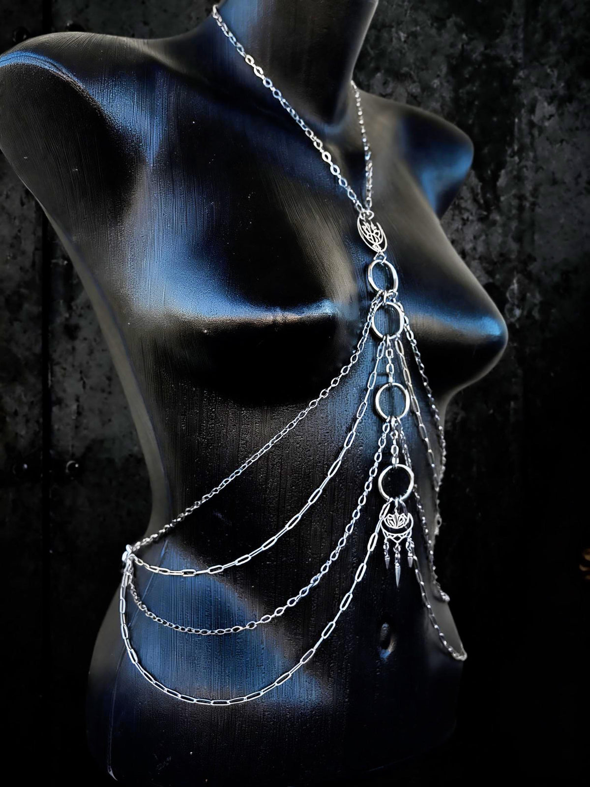 Moon Lotus Flower Body Chain | Stainless Steel Celestial Chest Harness Necklace