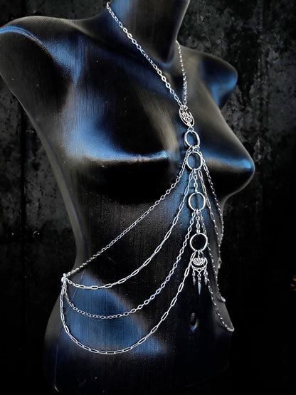 Moon Lotus Flower Body Chain | Stainless Steel Celestial Chest Harness Necklace