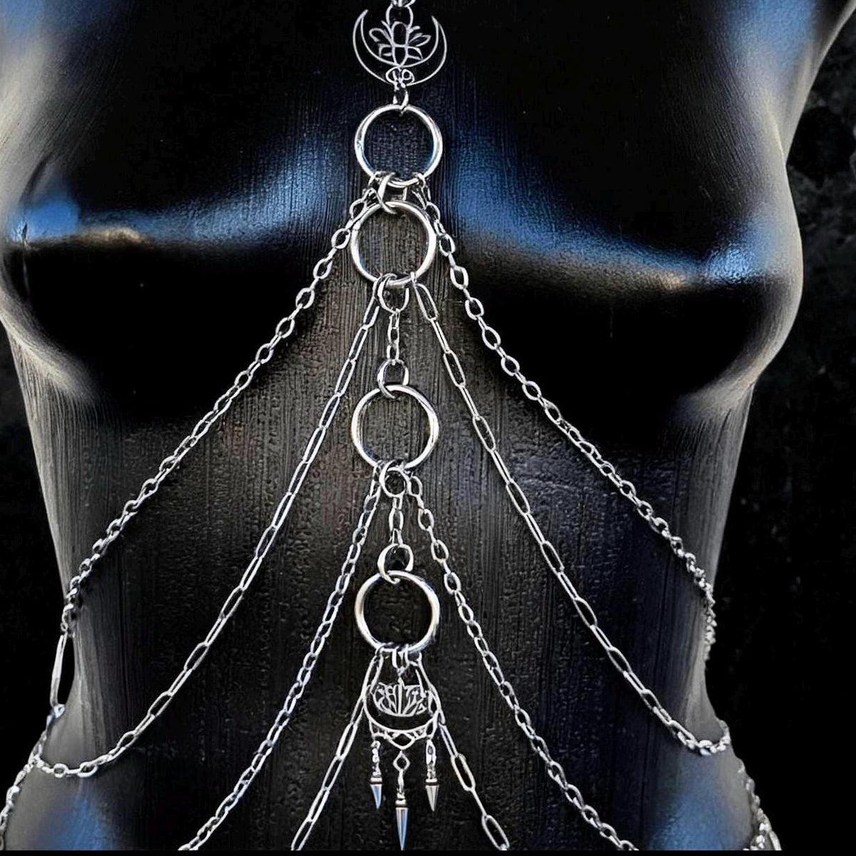 Moon Lotus Flower Body Chain | Stainless Steel Celestial Chest Harness Necklace
