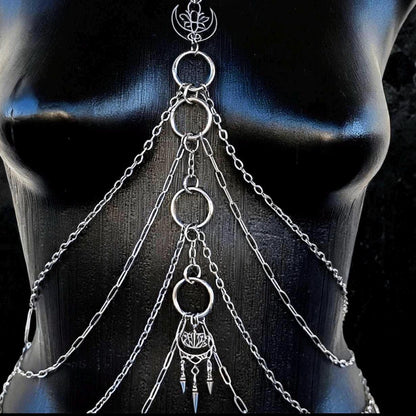 Moon Lotus Flower Body Chain | Stainless Steel Celestial Chest Harness Necklace