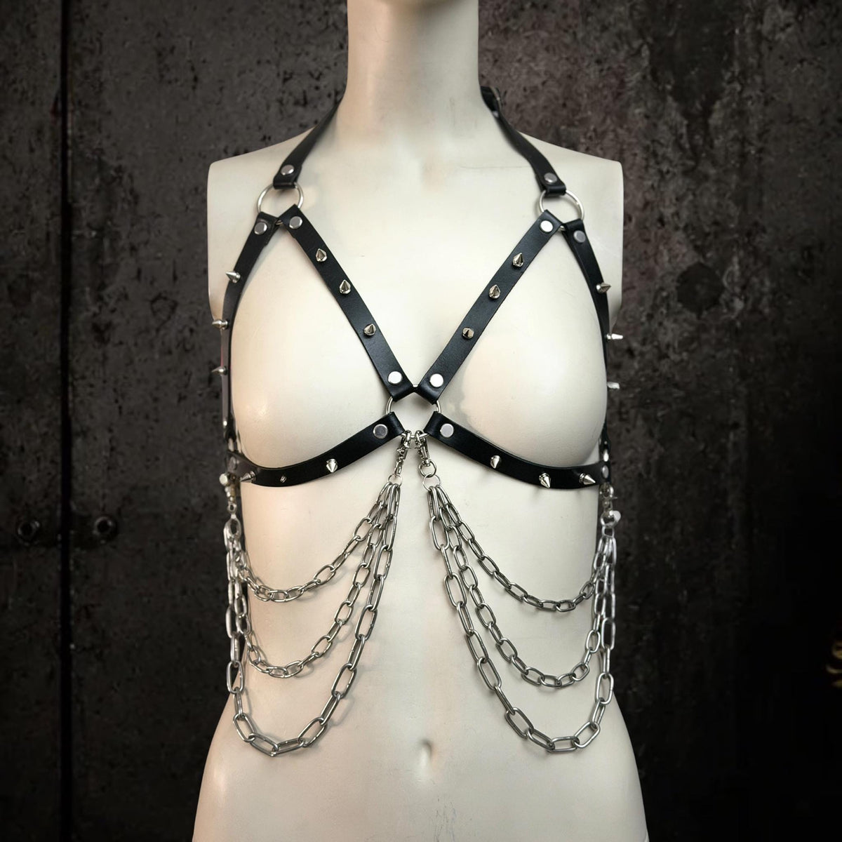 Gothic Spiked Body Harness, Two Detachable Triple Chains, Adjustable Leather or BioThane