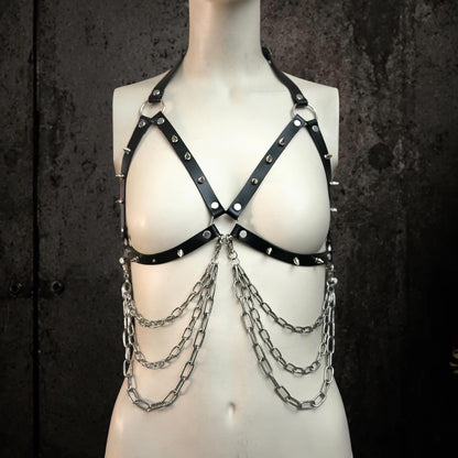 Gothic Spiked Body Harness, Two Detachable Triple Chains, Adjustable Leather or BioThane