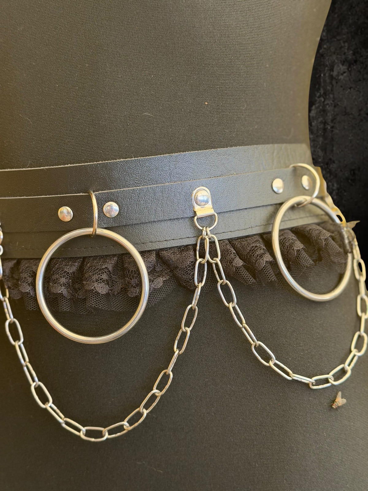 Gothic O-Ring Chain Belt, Faux Leather Lace Industrial Festival Accessory