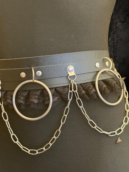 Gothic O-Ring Chain Belt, Faux Leather Lace Industrial Festival Accessory