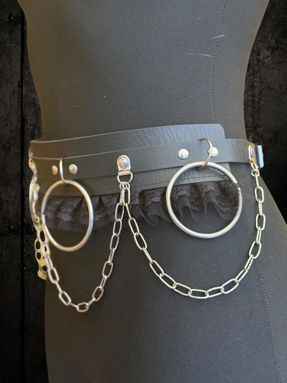 Gothic O-Ring Chain Belt, Faux Leather Lace Industrial Festival Accessory