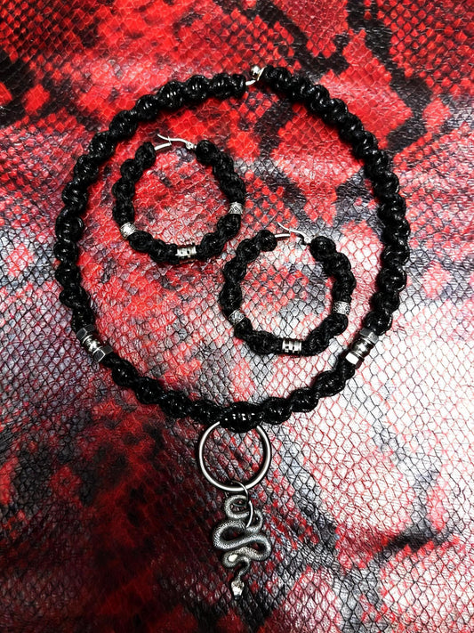 Handmade Macrame Snake Choker Necklace & Hoop Earrings Set