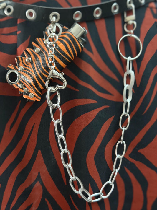 Vegan Leather Tiger Print Lighter Holder with Detachable Chains – Handmade Alternative Accessory