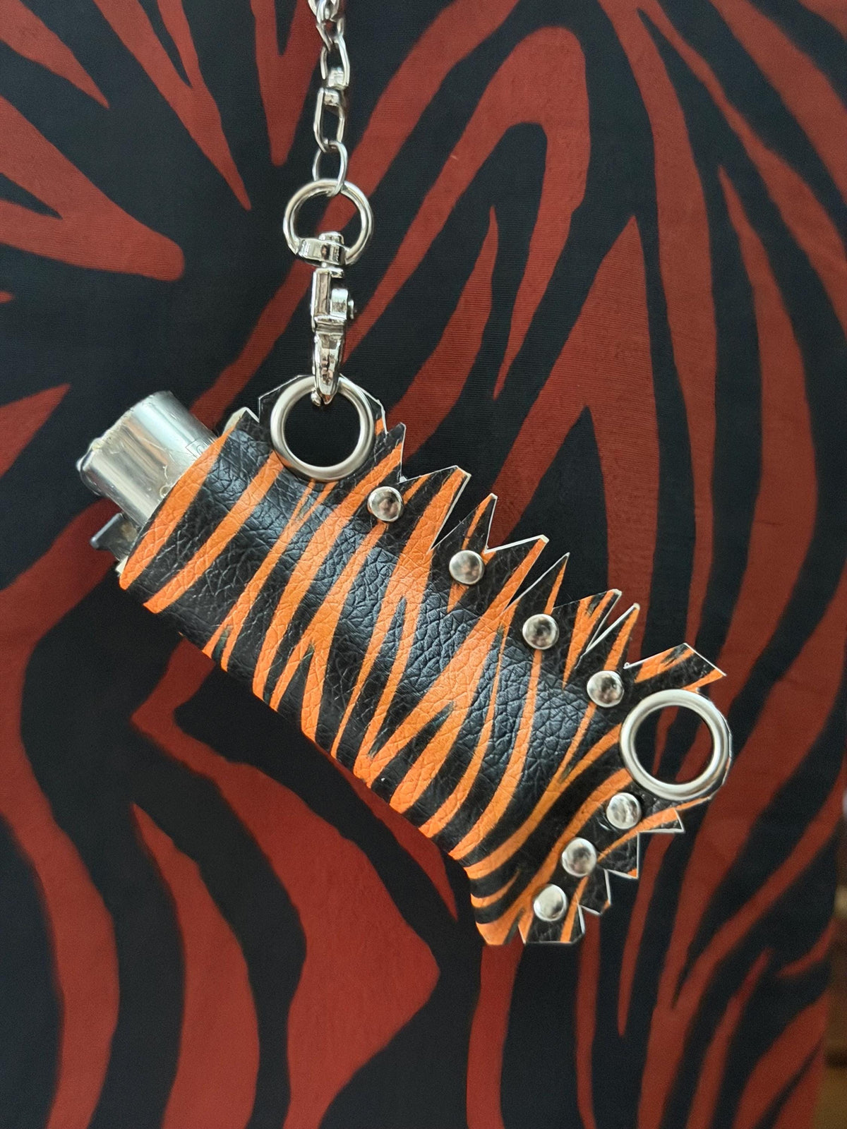 Vegan Leather Tiger Print Lighter Holder with Detachable Chains – Handmade Alternative Accessory