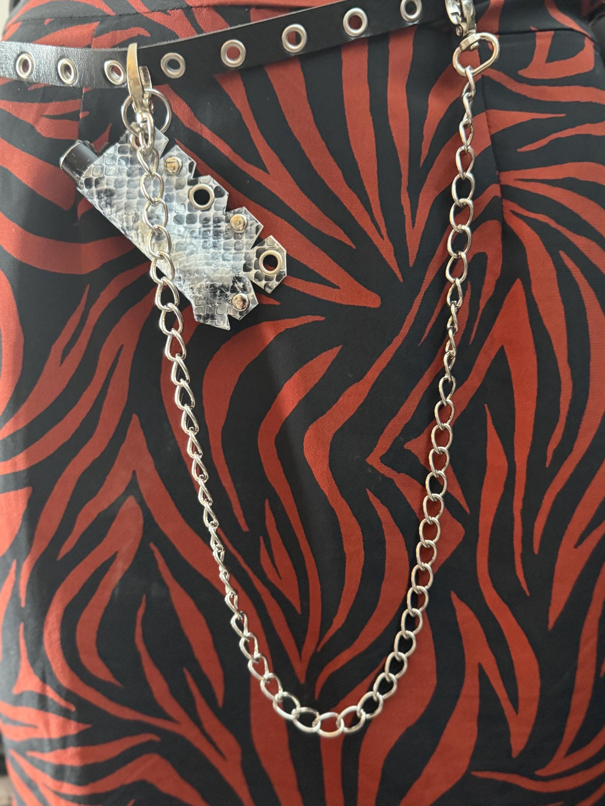 Vegan Leather Silver Snake Print Lighter Holder with Detachable Chains – Handmade Alternative Accessory