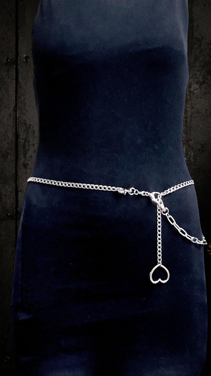 Leather Choker with Body Chain Set – Modular Stainless Steel Waist and Harness Chains, Heart or O-Ring Gothic Jewellery