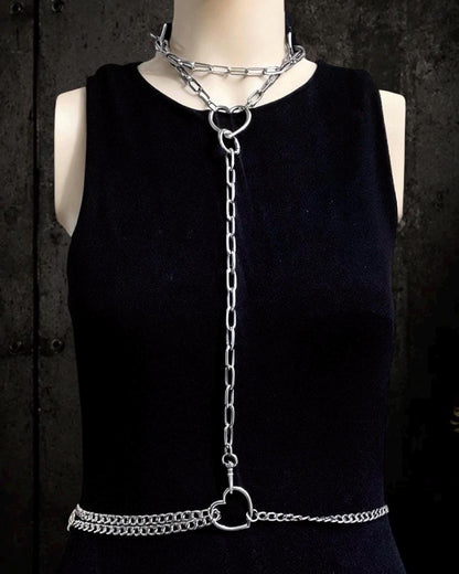Leather Choker with Body Chain Set – Modular Stainless Steel Waist and Harness Chains, Heart or O-Ring Gothic Jewellery