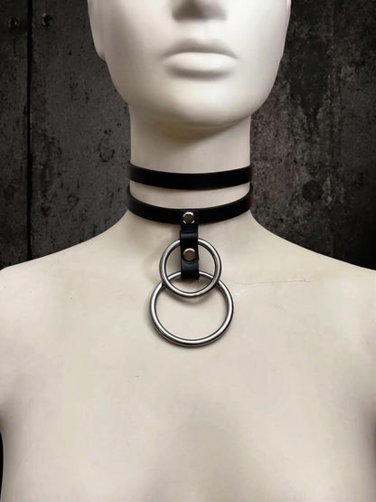 Italienisches Leder-Halsband mit Doppelriemen und O-Ring – Edelstahl-Beschläge