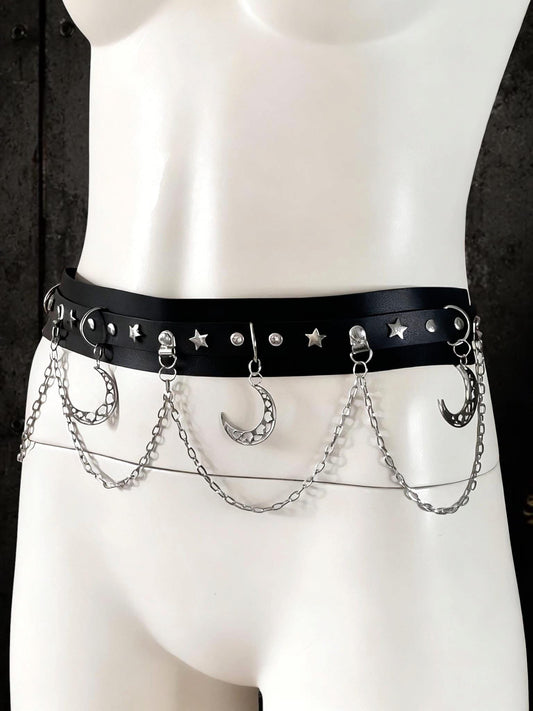 Moons & Chains Gothic Belt - Synthetic or Premium Genuine Leather - Stainless Steel Hardware and chains