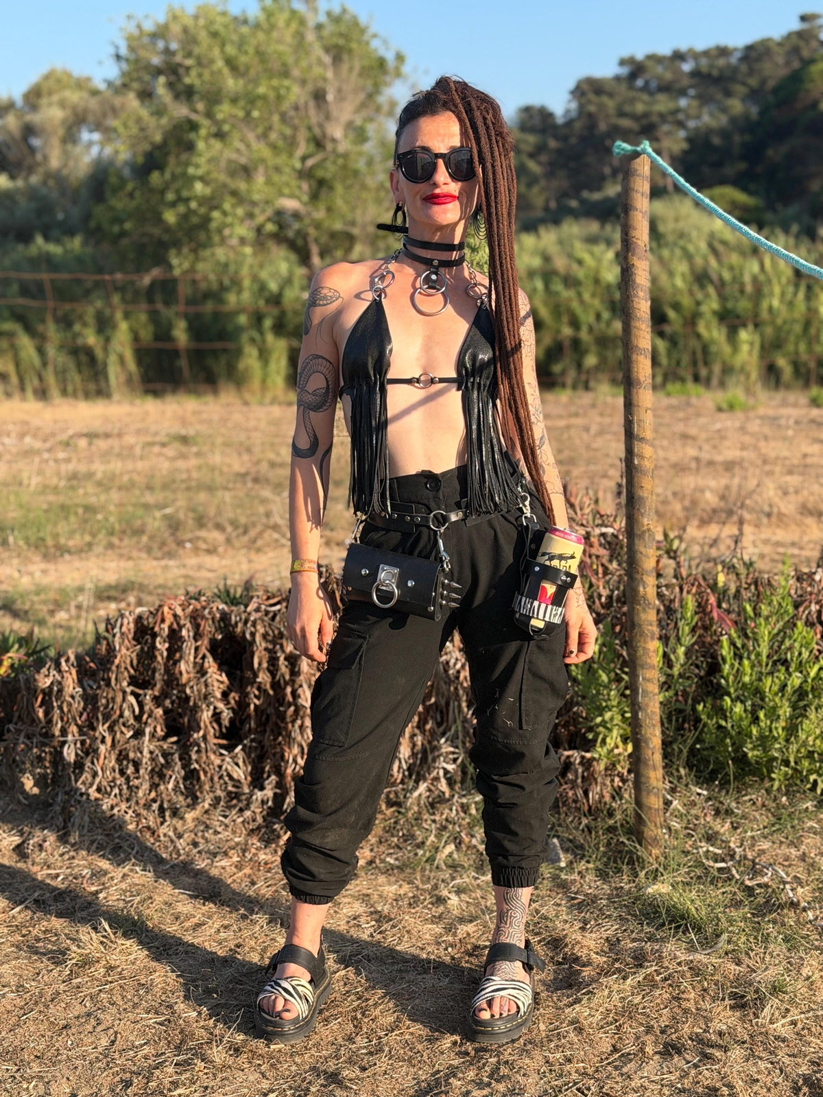 Italienisches Leder-Halsband mit Doppelriemen und O-Ring – Edelstahl-Beschläge