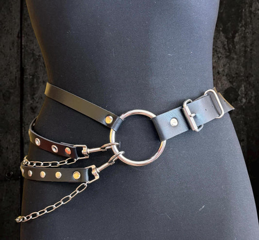 Leather Chain Waist Belt, Modular Asymmetric Fashion, Detachable O-Rings with Stainless Steel Hardware