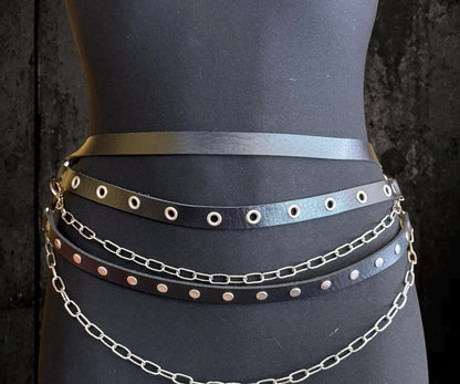 Leather Chain Waist Belt, Modular Asymmetric Fashion, Detachable O-Rings with Stainless Steel Hardware