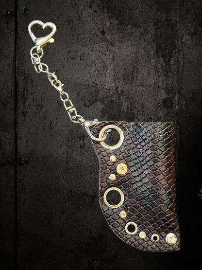 Leather lighter case with chain, Dark red and black python print, Clip-on holder for belts and bags