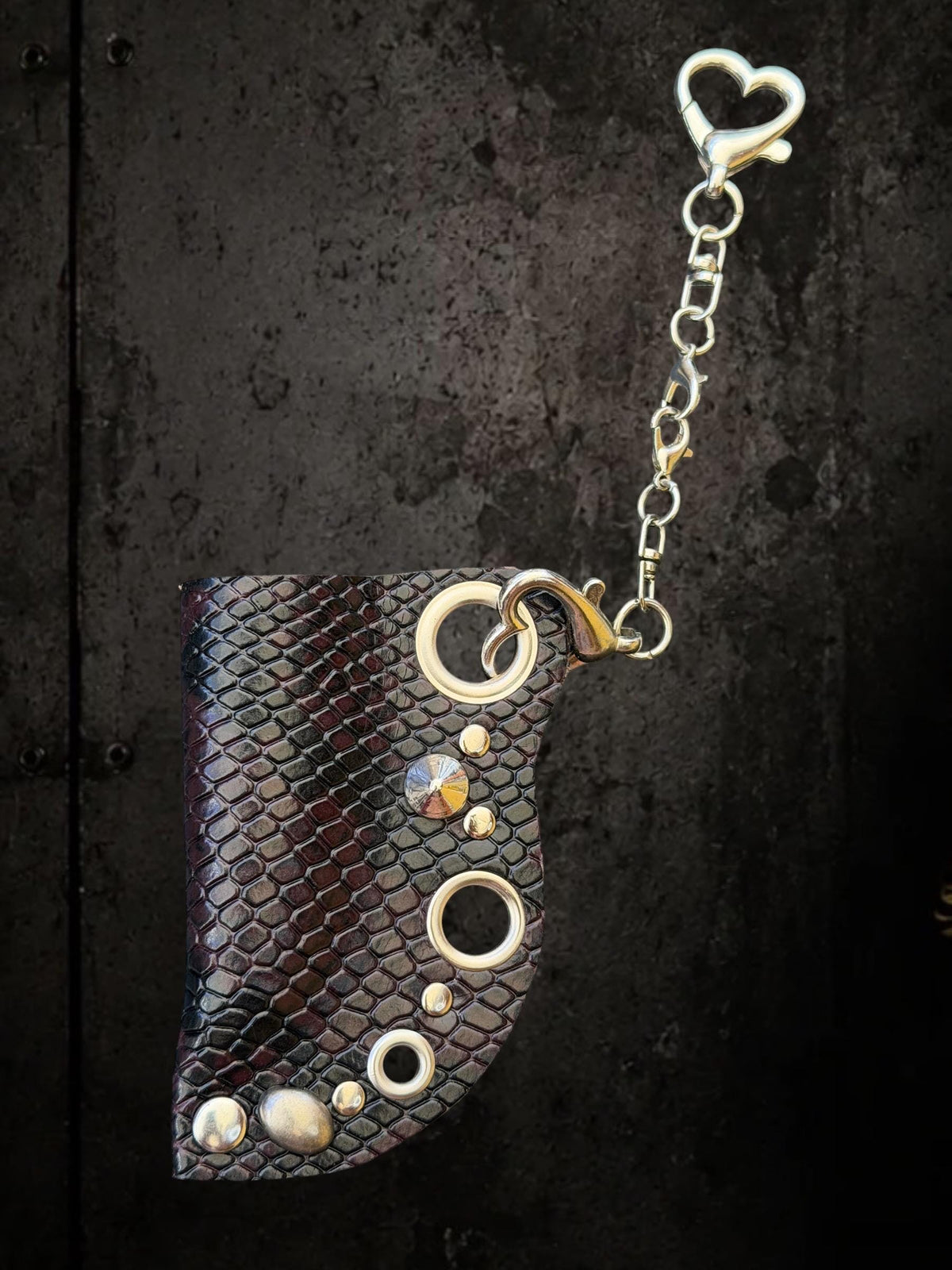 Leather lighter case with chain, Dark red and black python print, Clip-on holder for belts and bags