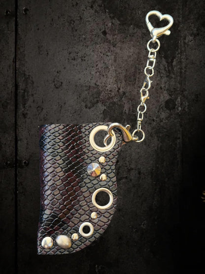 Leather lighter case with chain, Dark red and black python print, Clip-on holder for belts and bags