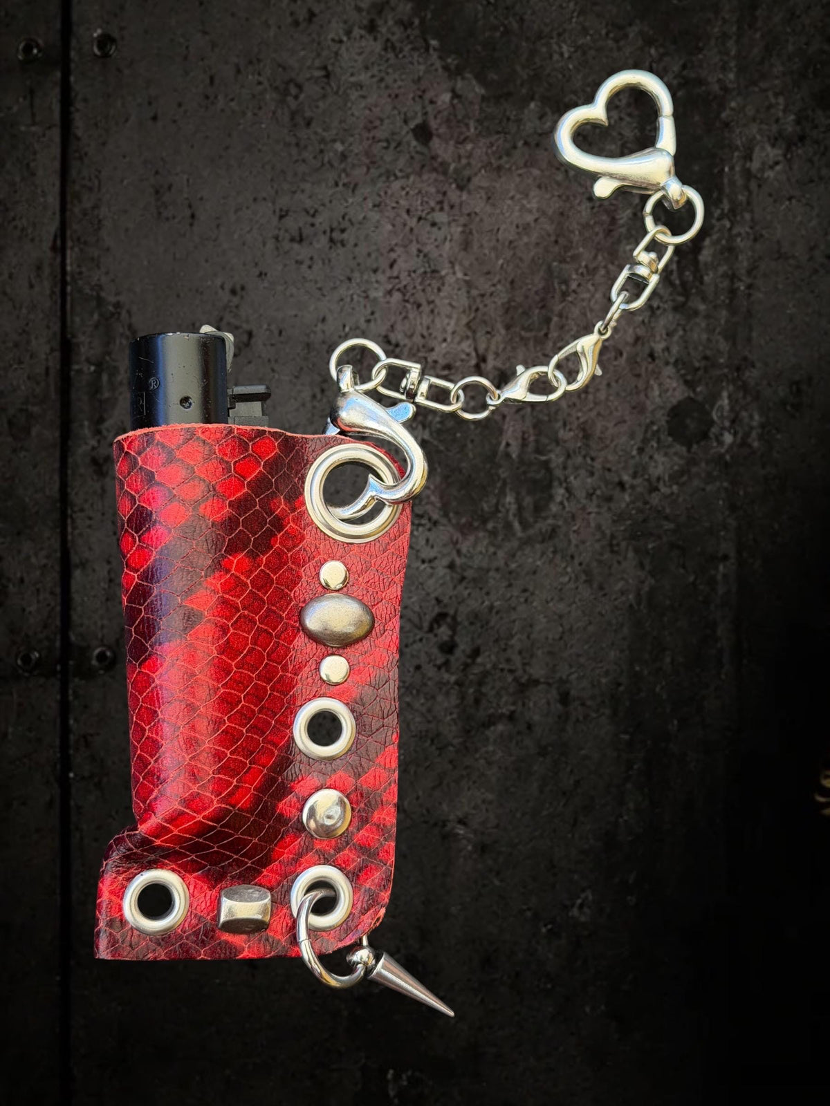 Red Snakeskin Lighter Holder Keychain – Handmade Genuine Leather Sleeve with Skull Charm | Festival Accessory | Bag Charm