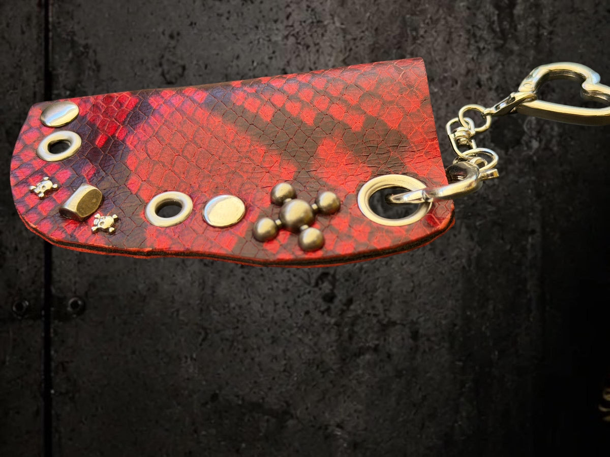 Red Snakeskin Lighter Holder Keychain – Handmade Genuine Leather Sleeve with Skull Charm | Festival Accessory | Bag Charm