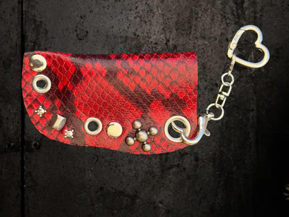 Red Snakeskin Lighter Holder Keychain – Handmade Genuine Leather Sleeve with Skull Charm | Festival Accessory | Bag Charm