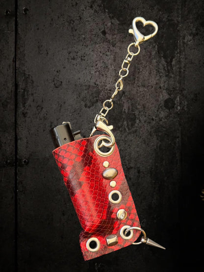 Red Snakeskin Lighter Holder Keychain – Handmade Genuine Leather Sleeve with Skull Charm | Festival Accessory | Bag Charm
