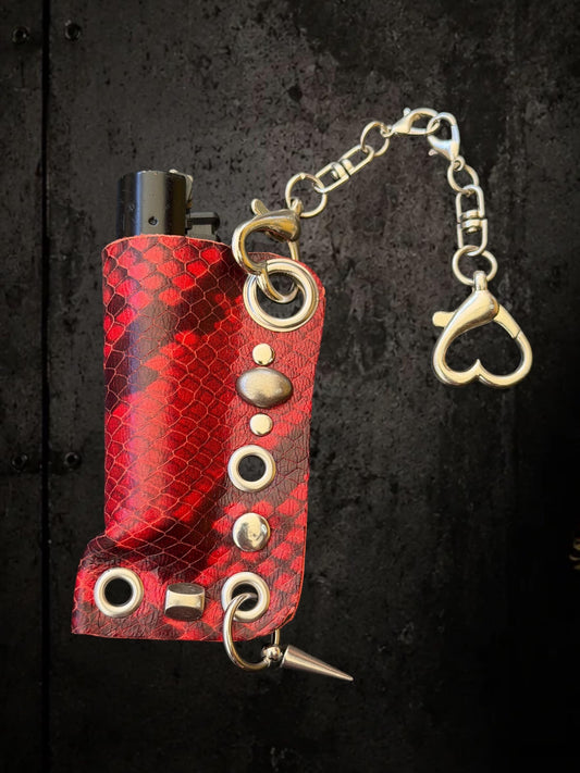 Red Snakeskin Lighter Holder Keychain – Handmade Genuine Leather Sleeve with Skull Charm | Festival Accessory | Bag Charm