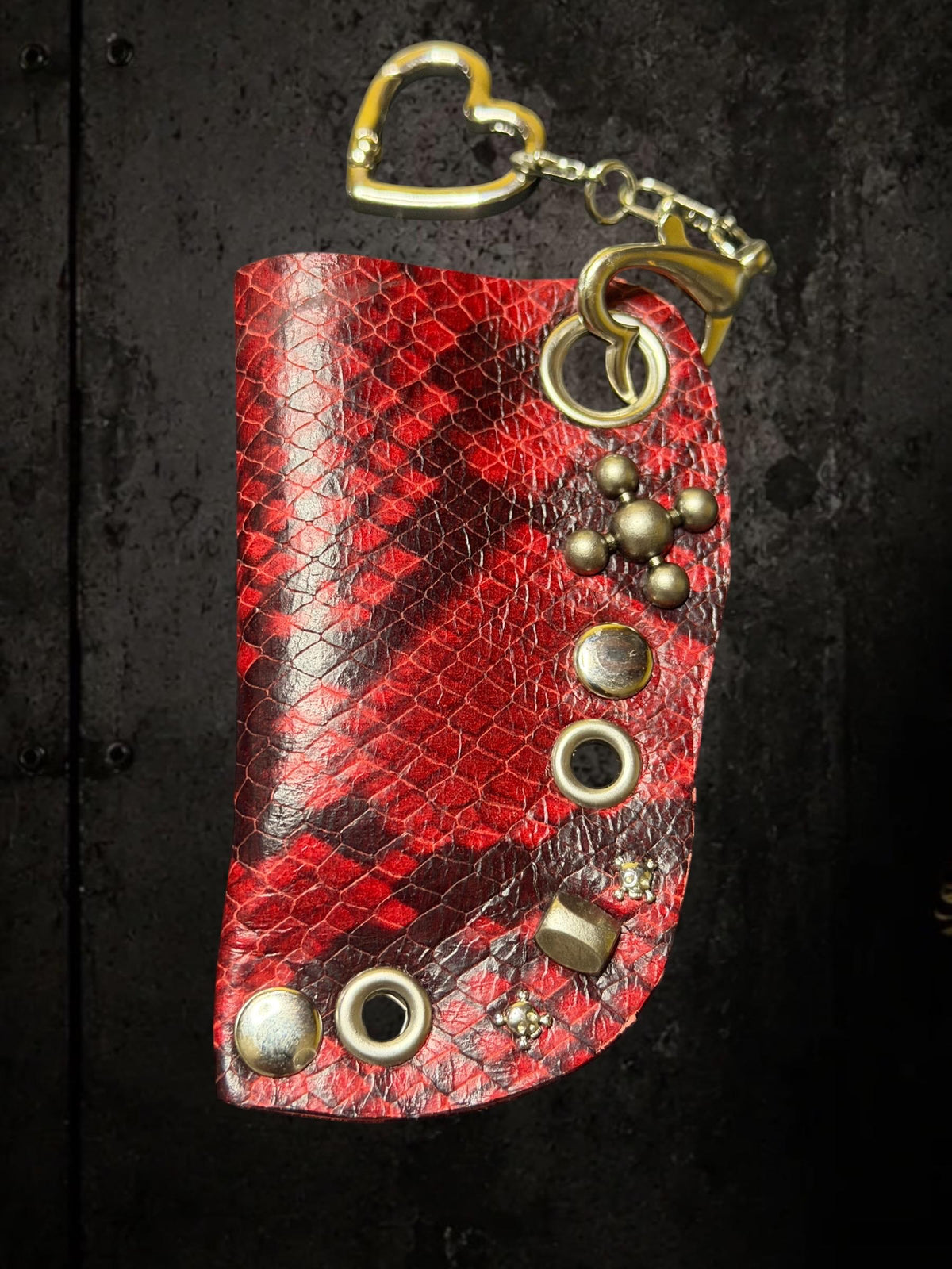 Red Snakeskin Lighter Holder Keychain – Handmade Genuine Leather Sleeve with Skull Charm | Festival Accessory | Bag Charm