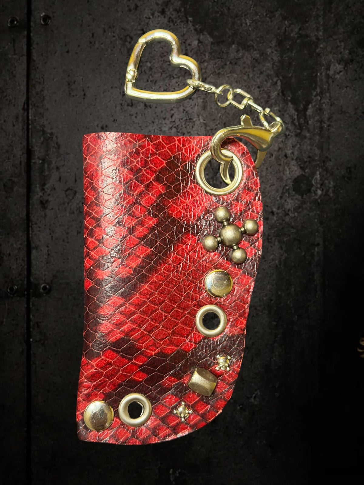 Red Snakeskin Lighter Holder Keychain – Handmade Genuine Leather Sleeve with Skull Charm | Festival Accessory | Bag Charm