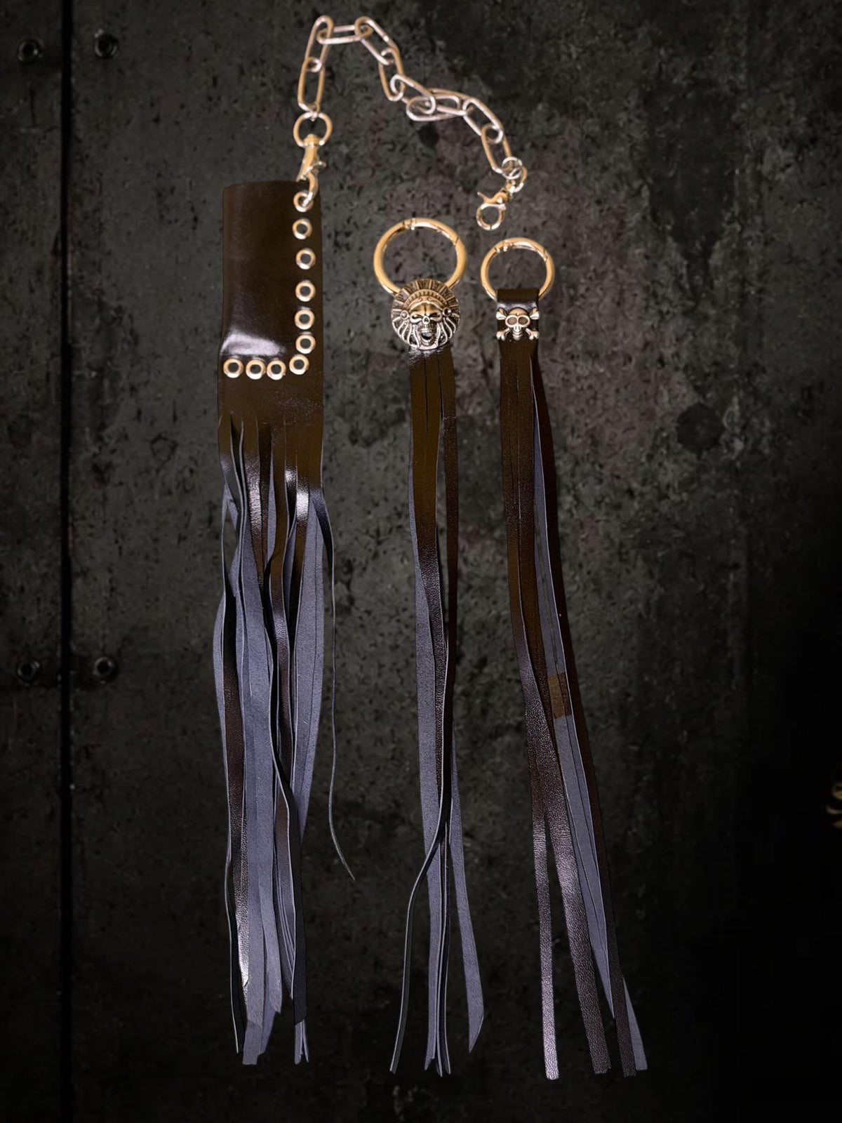 Black Leather Bag Charm With fringe Keychain and Lighter Case , Genuine Goat Leather Fringe Lighter Holder, Skull Key Ring