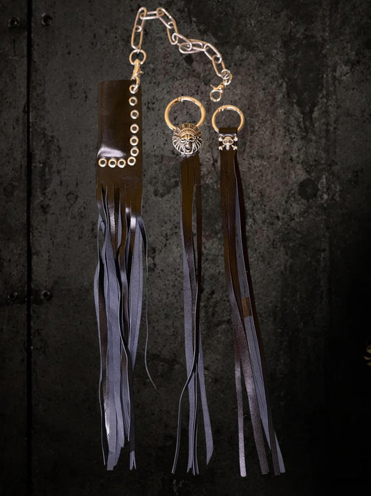 Black Leather Bag Charm With fringe Keychain and Lighter Case , Genuine Goat Leather Fringe Lighter Holder, Skull Key Ring