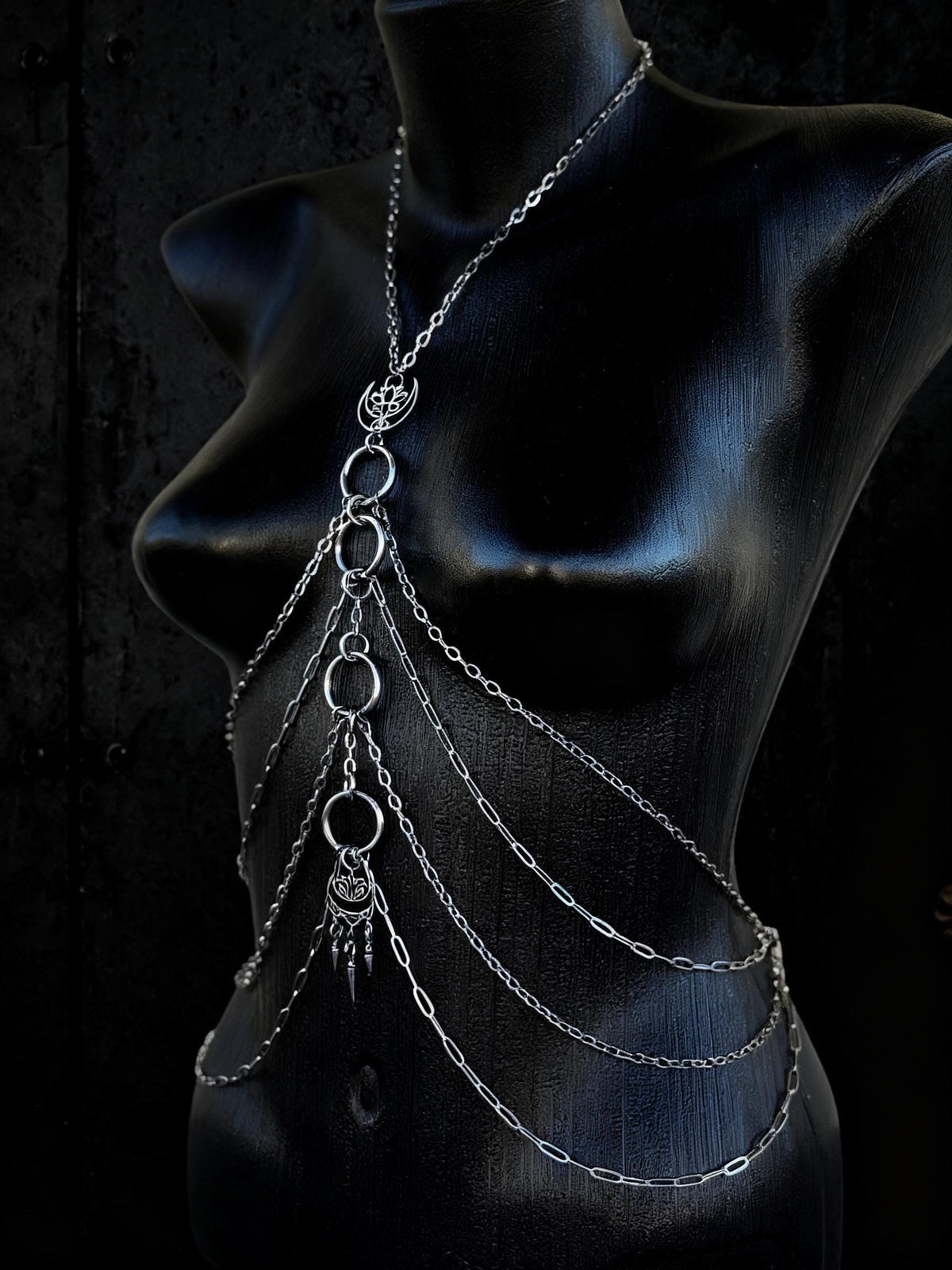 Moon Lotus Flower Body Chain | Stainless Steel Celestial Chest Harness Necklace