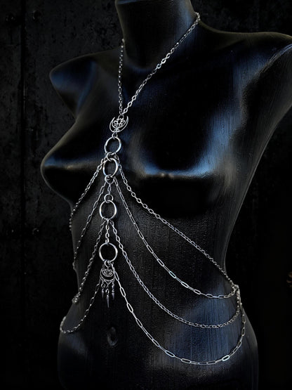 Moon Lotus Flower Body Chain | Stainless Steel Celestial Chest Harness Necklace