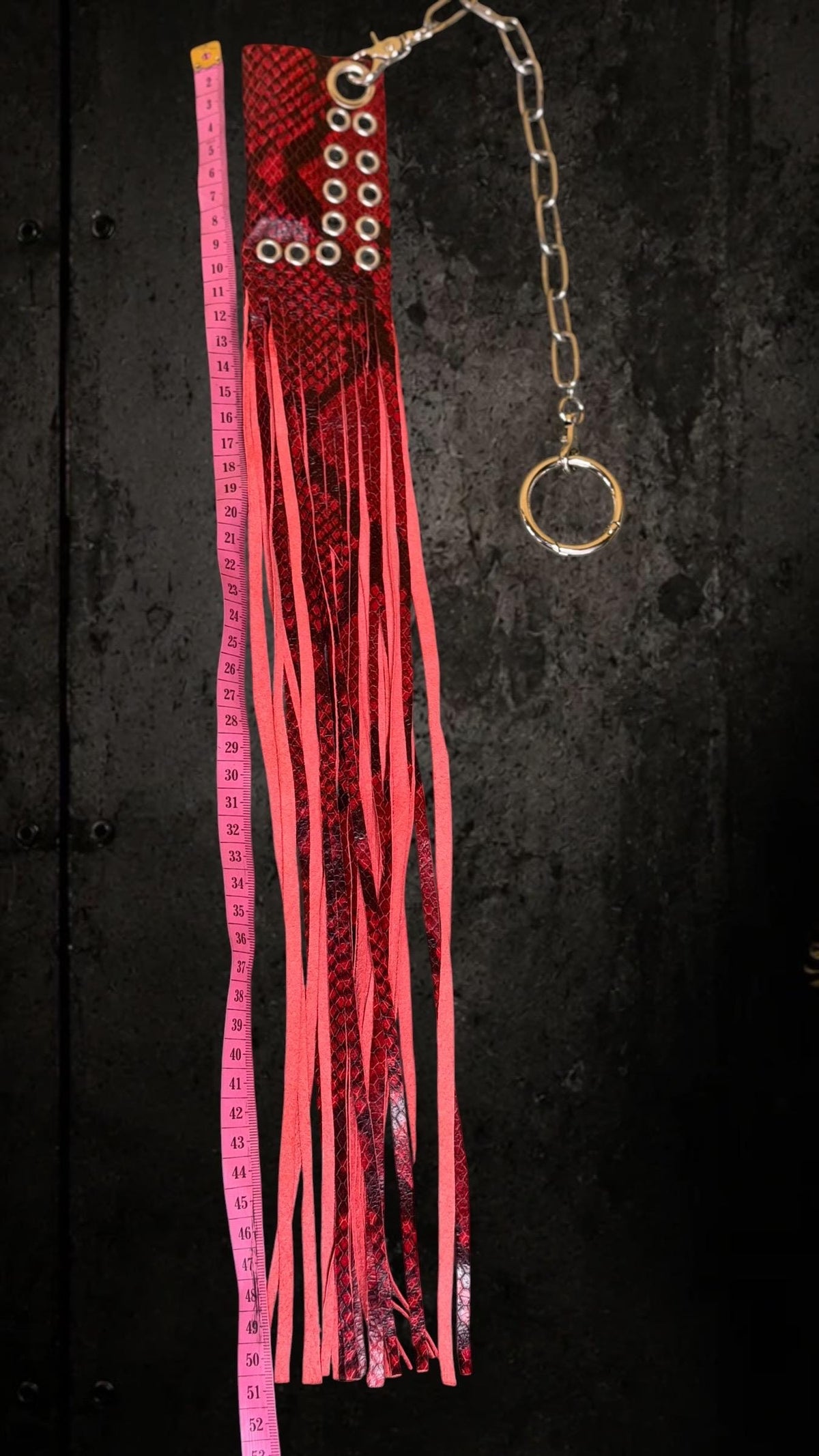 Red Genuine Leather Bag Charm Lighter Case With Long Fringe, Genuine Goat Leather with red & black snake print