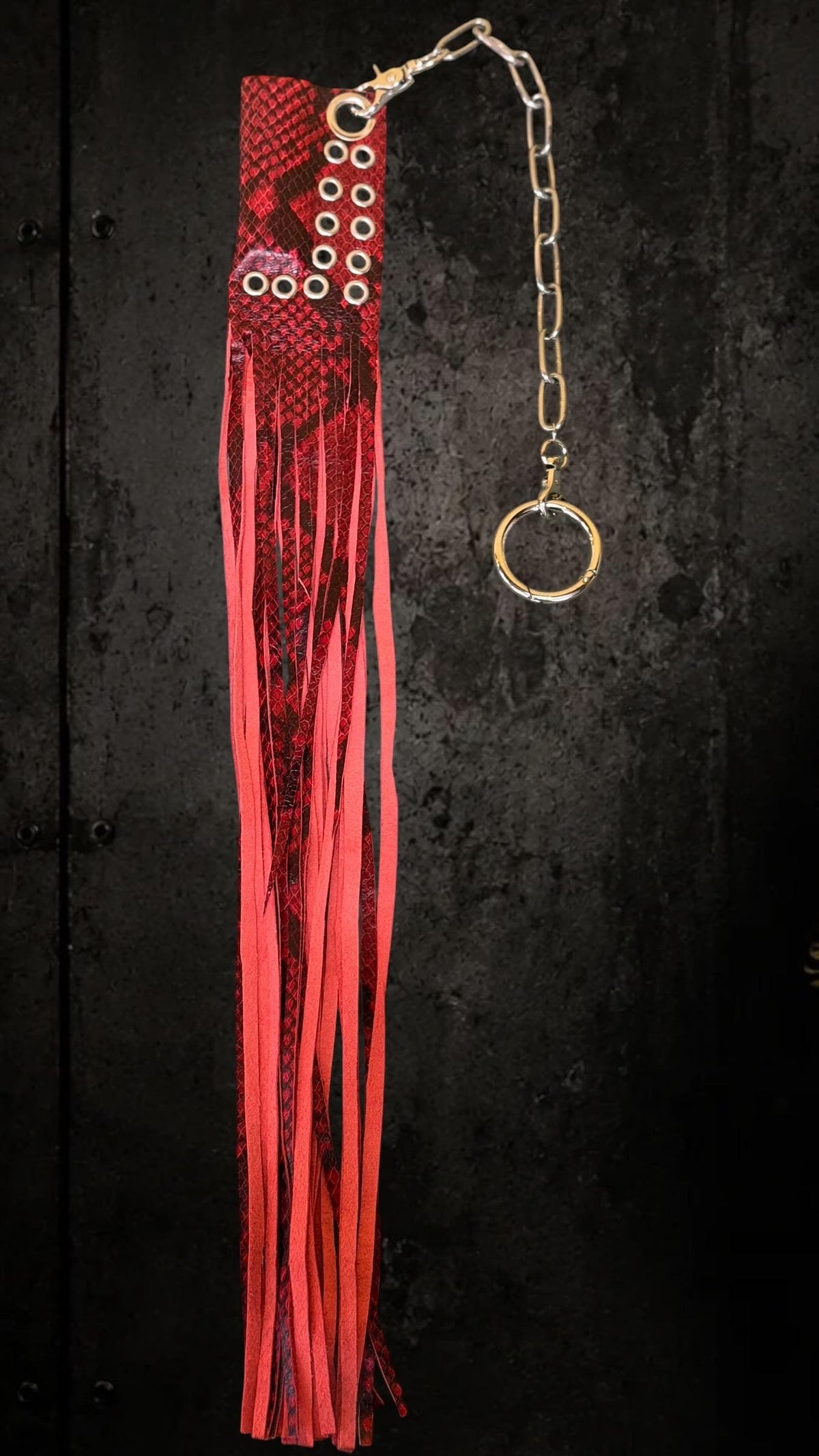 Red Genuine Leather Bag Charm Lighter Case With Long Fringe, Genuine Goat Leather with red & black snake print