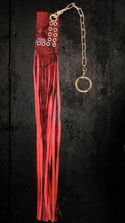 Red Genuine Leather Bag Charm Lighter Case With Long Fringe, Genuine Goat Leather with red & black snake print